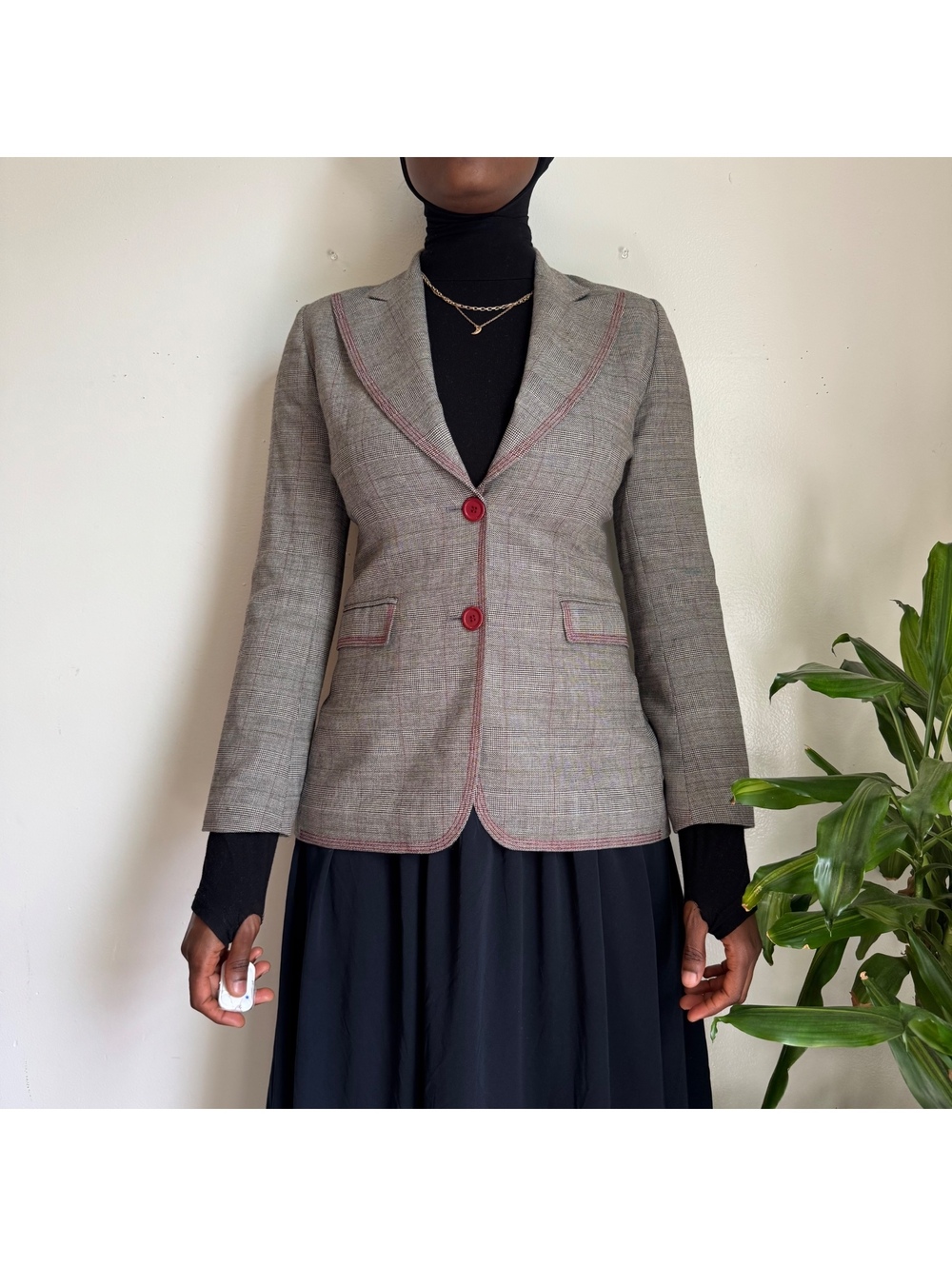 Vintage Wool Plaid Blazer Jacket Size 6 Red Topstitch Tailored Dark Academia